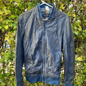 Genuine Leather Navy Blue Grey Zip up Jacket